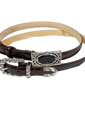 Vintage 90s Brighton Brown Croc Animal Print Leather Preppy Belt Set of 2 Size S